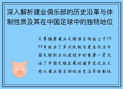 深入解析建业俱乐部的历史沿革与体制性质及其在中国足球中的独特地位