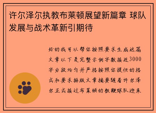 许尔泽尔执教布莱顿展望新篇章 球队发展与战术革新引期待